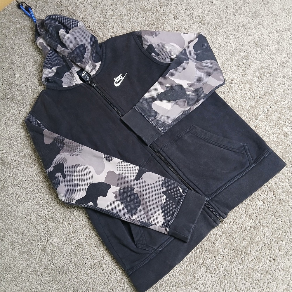 Nike Boys Full Zip Hoodie Camo Sleeves Black Grey‎ Fleece Sweatshirt Large L